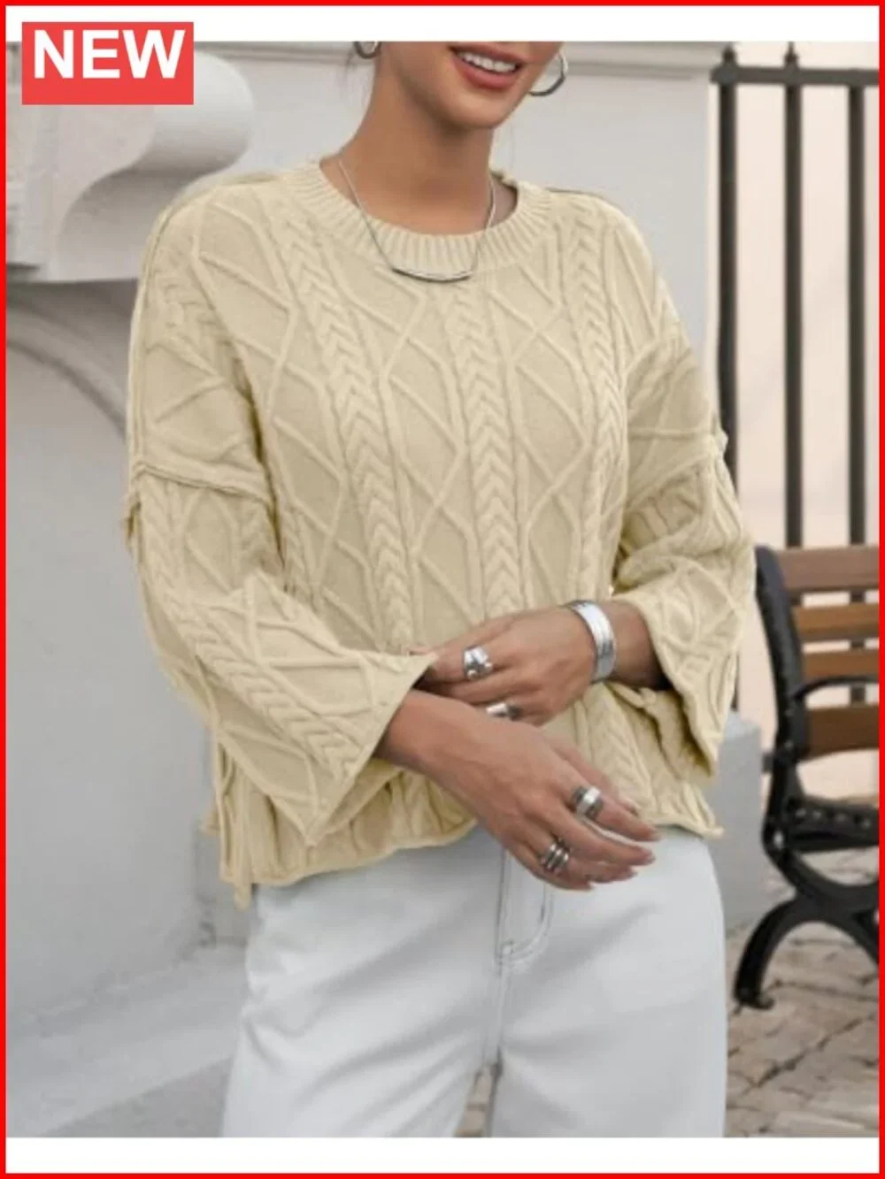 Womens Cable Knit Cropped Sweater Oversized Long Sleeve Crew Neck Pullover